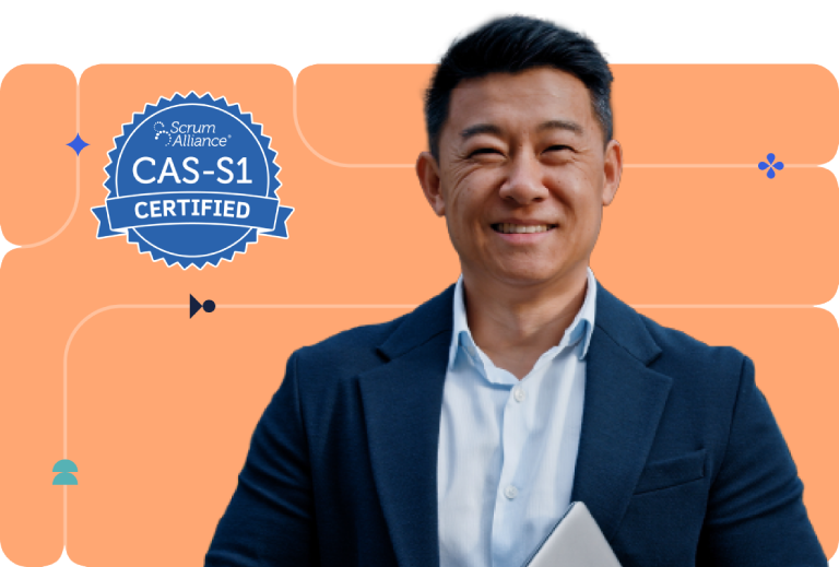 Scrum Alliance Certified CAS-S1 Scaling Badge in upper left and smiling man holding a laptop on the right.