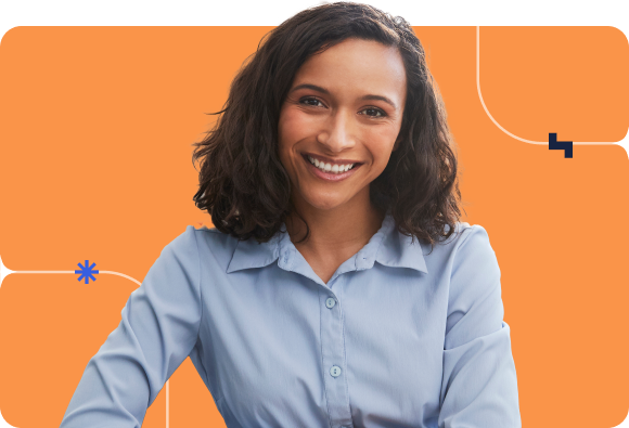 A young professional in a blue blouse against an orange background