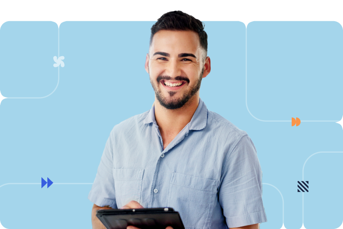 A young person in a light blue button up smiles holding a tablet in front of a blue Scrum Alliance background