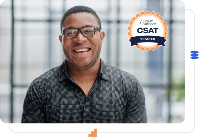 A professional in glasses smiles with the CSAT badge in the upper right