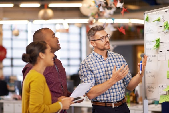 A group of co-workers in an office in conversation around a white board with sticky notes