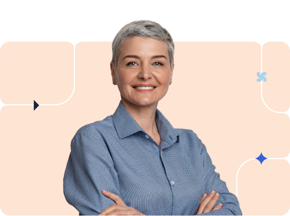 A businessperson stands with arms crossed against a peach-colored background