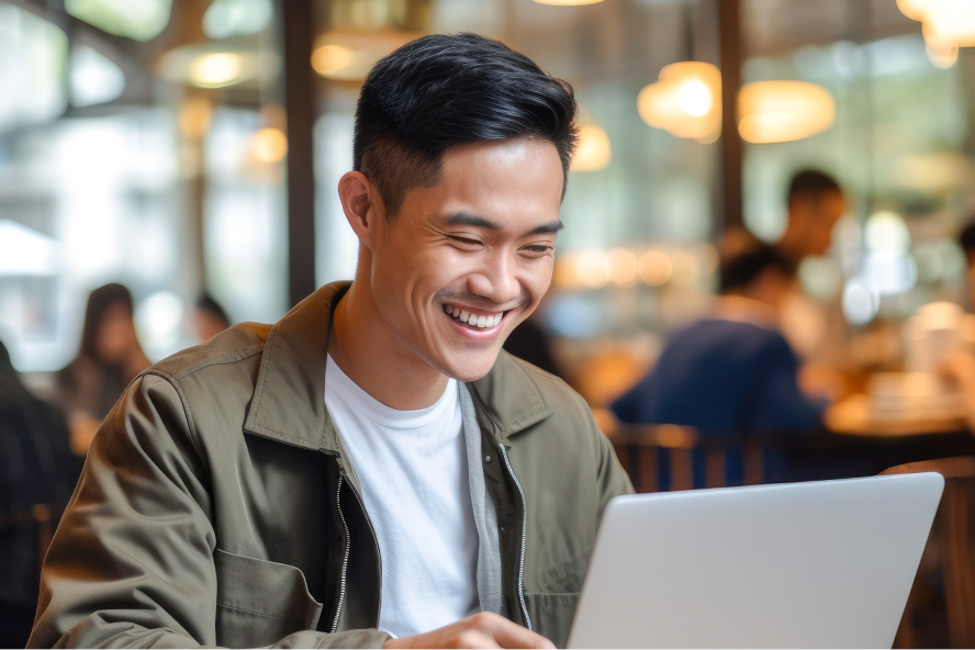 Person smiling while using a laptop at a coffee shop