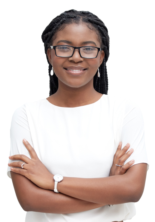 A young person poses with arms crossed smiling slightly in a white t shirt with a white background