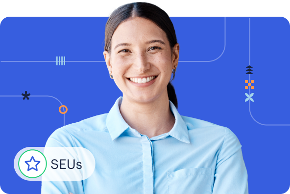 A young businessperson against a dark blue background and an icon in the foreground that says "SEUs"