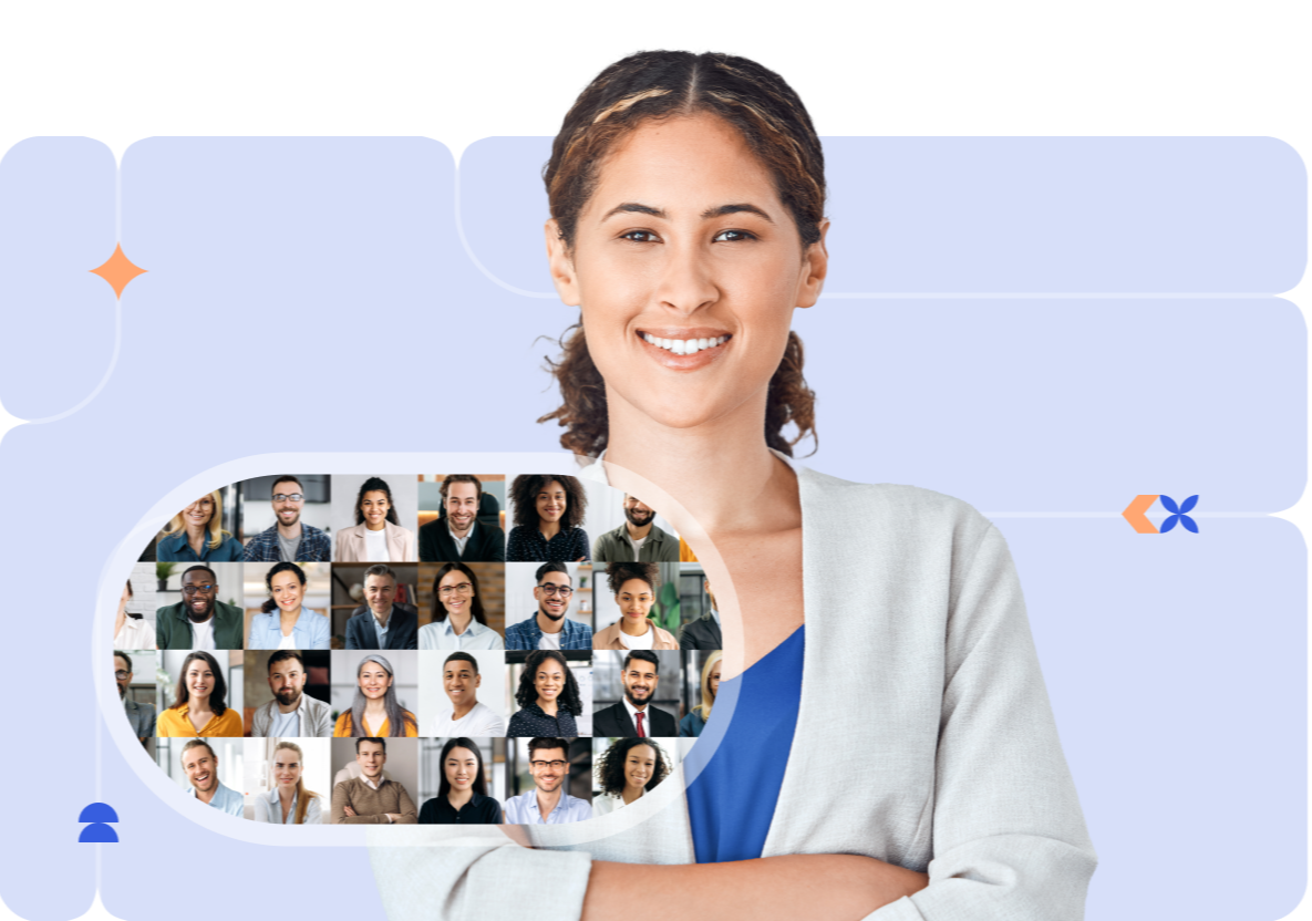 A smiling woman in a professional blazer top in a light purple background, with a collage group of other professionals in a center bubble