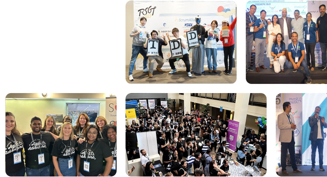 A photo collage showing groups of people from different Regional Scrum Gatherings around the world