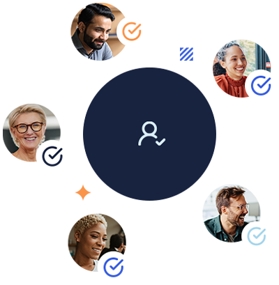 A representation of multiple smiling portraits around a circular icon